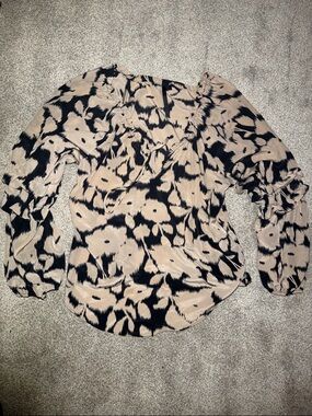 Bellatrix Beige and Black Ruffle Neck Long-Sleeve Blouse